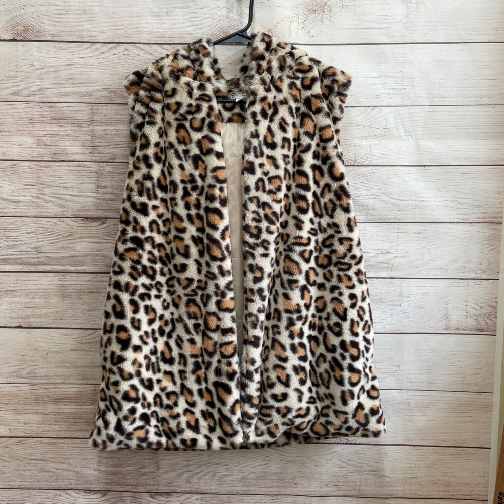 JEN & CO FAUX FUR LEOPARD PRINT HOODED‎ VEST